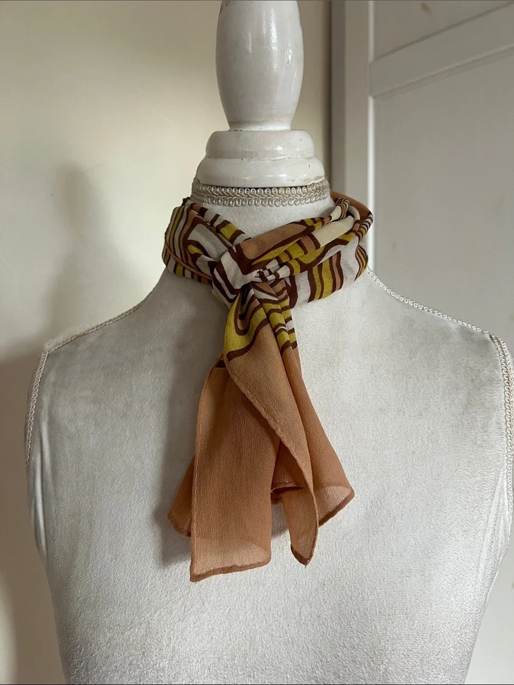 Vintage 1970s Psychedelic Swirl Scarf Earth Tone Brown Yellow Rayon Japan